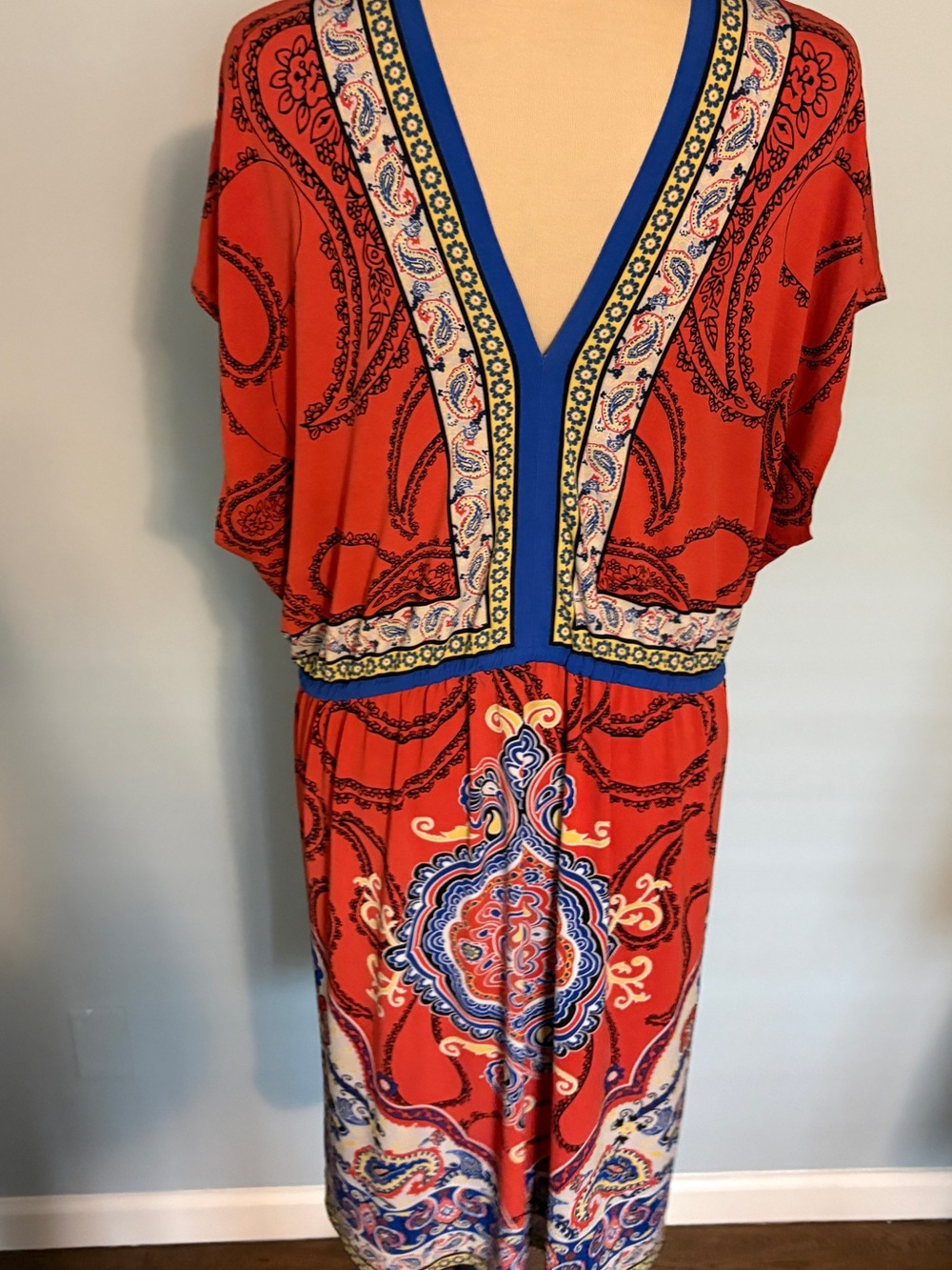 Red Paisley V-Neck Dress with Contrast Trim and Subtle Sparkle